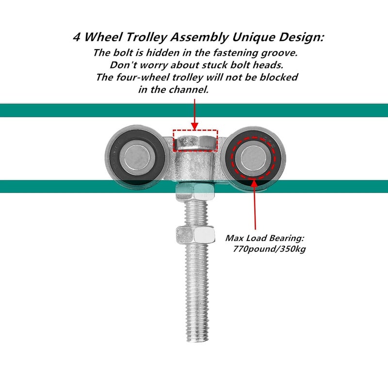 BiJun 4 Wheel Trolley Assembly Rollers - 650lbs Heavy-Duty Roller with M12 Bolt & Lifting Eye Nut - Fits 1-5/8" Wide/Taller Strut Channels - Image 3